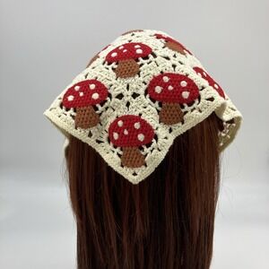 Crochet Mushroom Bandana Hair Kerchief Cottagecore Boho Head Scarf Red Cream Hip